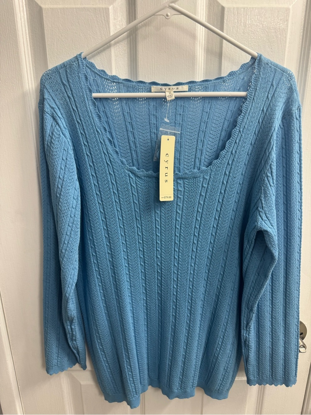 Cyrus Sky Blue Scalloped Scoop Cable Knit Sweater